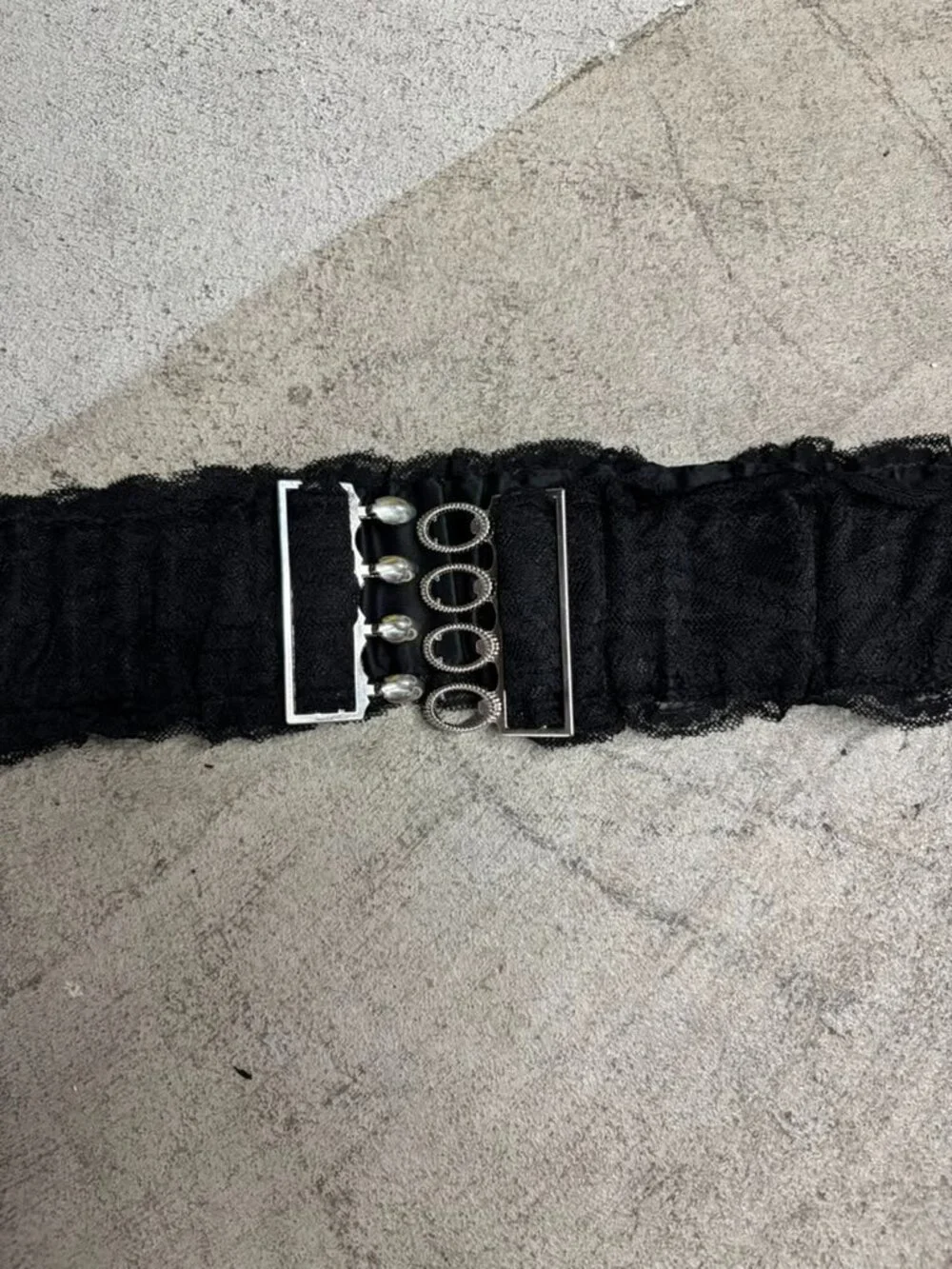 Women's Wide Black Lace Elastic Waist Belt with Silver Interlocking Buckle (A1)